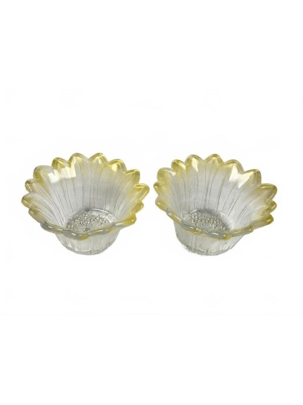 Set of 2 Pebble Indiana Glass Lily Pon Flower Bowls Yellow Clear Frosted Glass